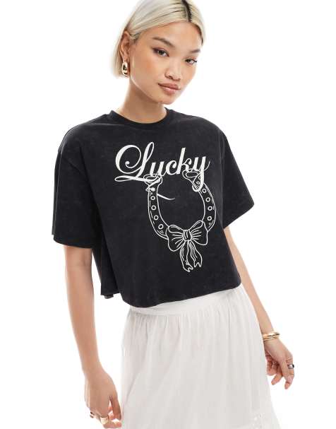 Miss Selfridge acid wash lucky horseshoe loose wide cropped tee in black - view 1