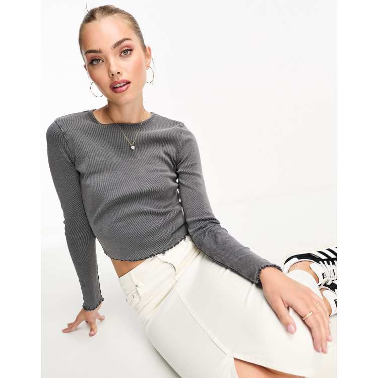 Ribbed Long Sleeve Top - Washed Grey