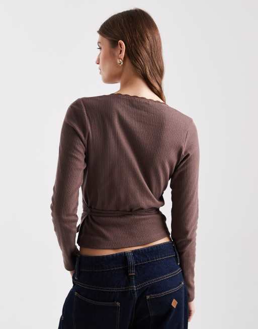 Miss Selfridge - Ajourgebreide overslagtop in chocoladebruin, 4 van 4