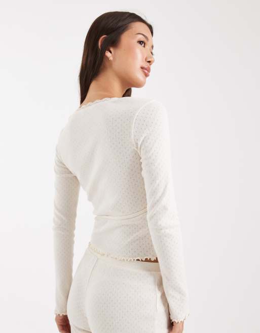 Miss Selfridge - Ajourgebreide overslagtop in crème, 4 van 4