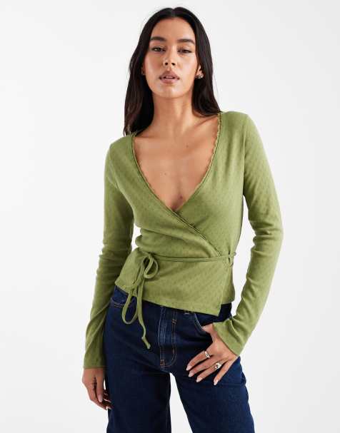 Miss Selfridge - Ajourgebreide overslagtop in olijfgroen - view 1