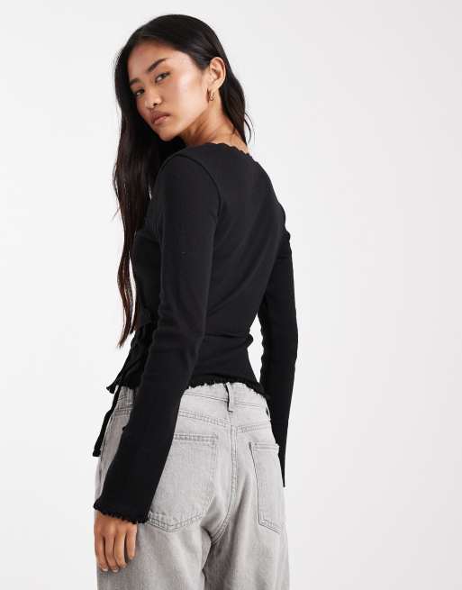 Miss Selfridge - Ajourgebreide overslagtop in zwart, 3 van 4