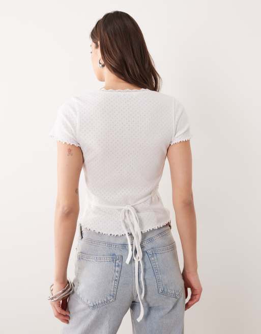 Miss Selfridge - Ajourgebreide overslagtop met geschulpt detail in wit, 4 van 4