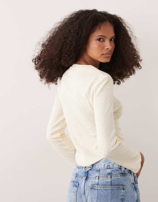 Miss Selfridge - Ajourgebreide top met driekwart mouwen in lichtgeel, 3 van 4