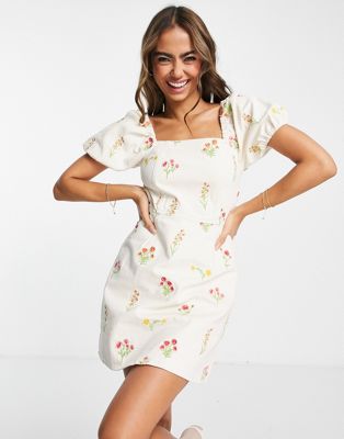 Miss Selfridge all over floral embroided denim dress in ivory