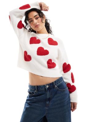 Miss Selfridge all over heart jumper in red and cream