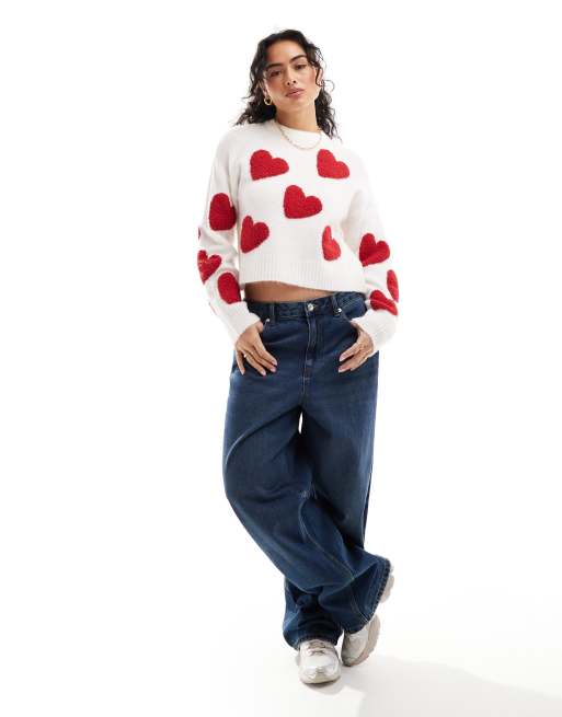 Miss Selfridge all over heart jumper in red and cream, 2 of 4