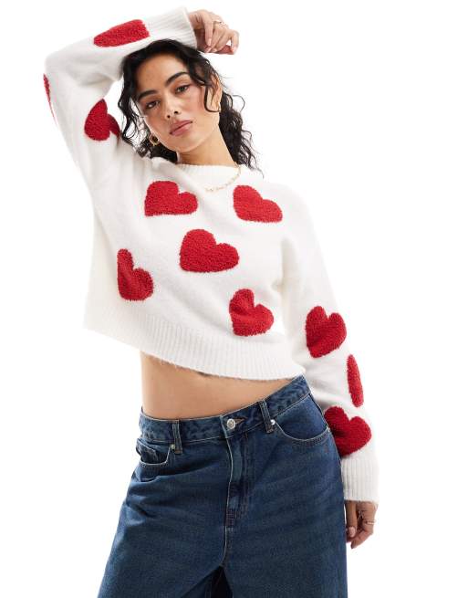 Miss Selfridge all over heart sweater in red and cream