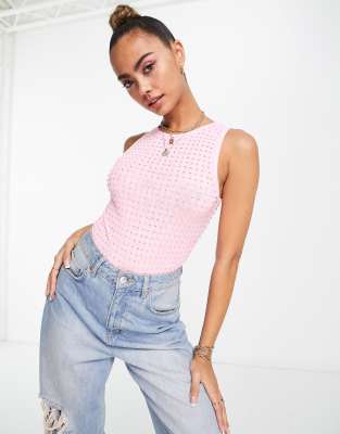 Miss Selfridge All Over Hotfix Racer Bodysuit In Pink