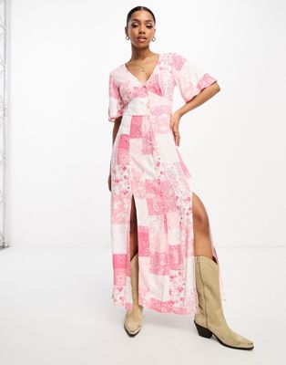Miss Selfridge Angel Sleeve Button Through Maxi Dress In Pink Patchwork Print