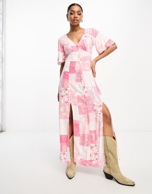 Miss Selfridge Angel Sleeve Button Through Maxi Dress In Pink Patchwork  Print | ModeSens