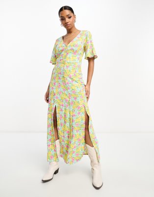 angel sleeve button up maxi dress in bright cluster floral-Multi