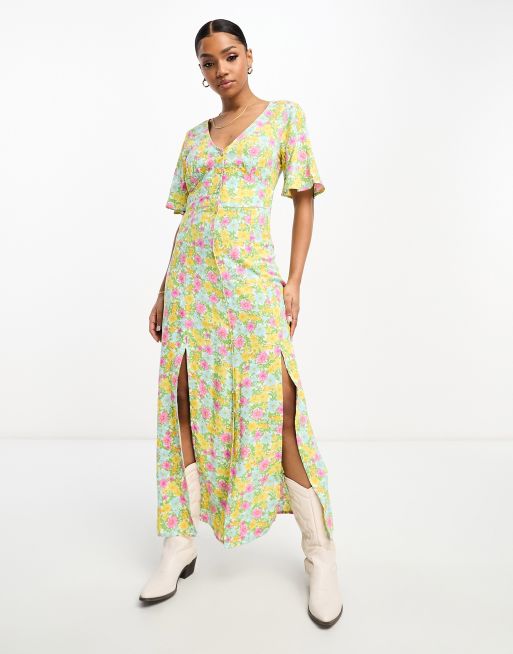 Miss Selfridge angel sleeve button up maxi dress in bright cluster floral
