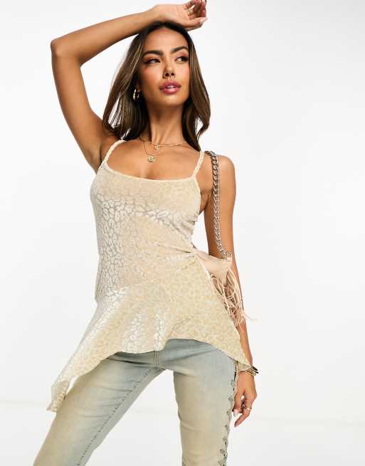 Miss Selfridge animal devore asymmetric cami top in cream, 3 of 4