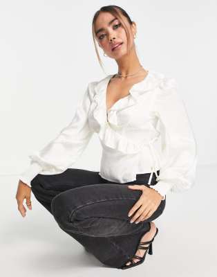 Miss Selfridge animal jacquard ruffle wrap blouse in ivory - ASOS Price Checker