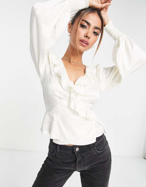 Miss Selfridge animal jacquard ruffle wrap blouse in ivory | ASOS