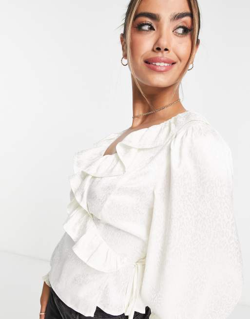 Miss Selfridge animal jacquard ruffle wrap blouse in ivory