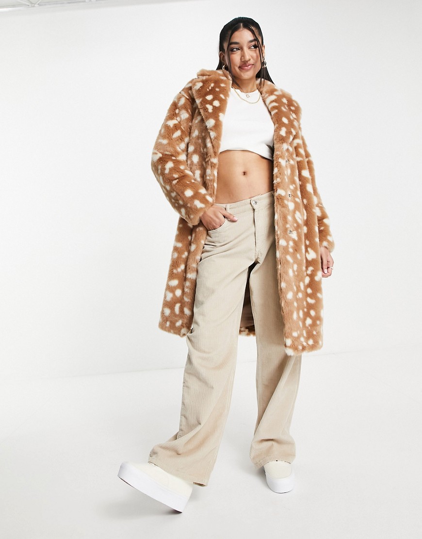 Miss Selfridge animal longline faux fur coat-Neutral
