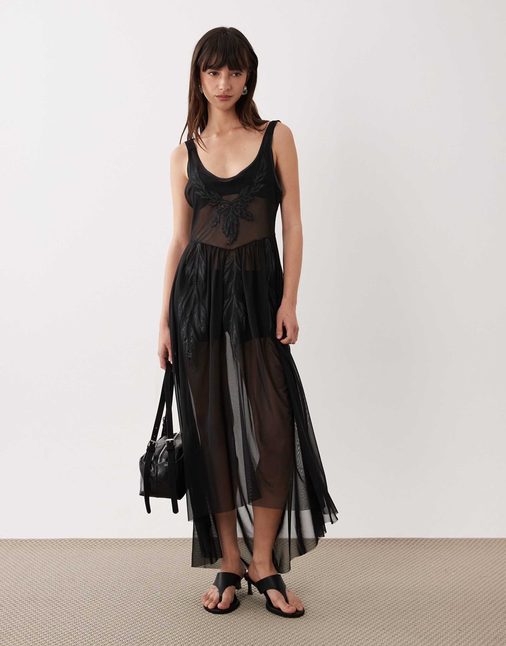 miss selfridge appliqué mesh maxi dress in black