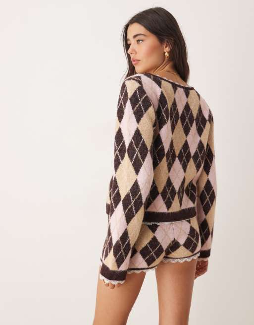 Miss Selfridge argyle cardigan with lace trim co-ord, 4 of 4