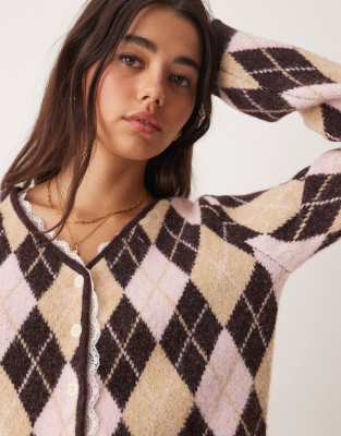 Miss Selfridge Argyle Cardigan With Lace Trim - Part Of A Set-multi In Brown