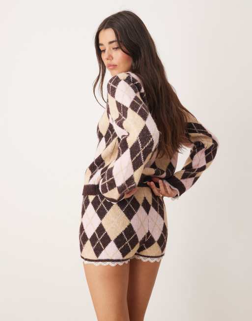 Miss Selfridge argyle knit lace trim booty shorts , 3 of 5