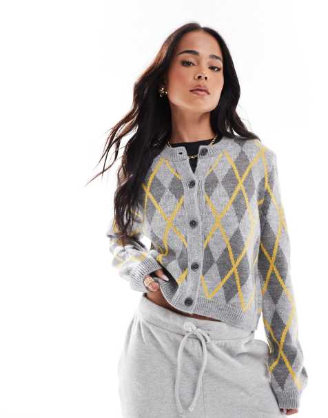 Miss Selfridge – Argylemönstrad kofta med rund halsringning - view 1
