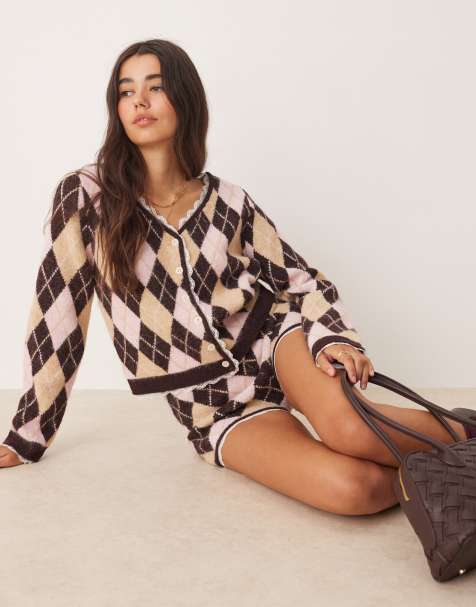 Miss Selfridge – Argylestickad kofta med spetskant, del av set - view 1