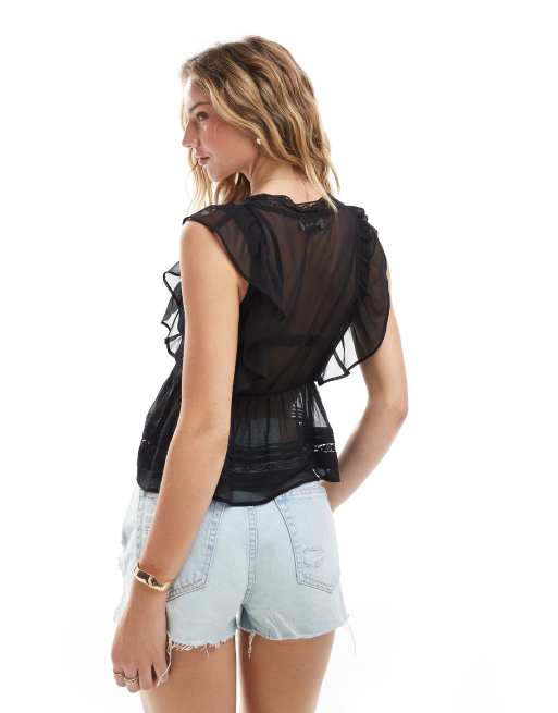 Miss Selfridge – Ärmellose Chiffon-Bluse in Schwarz mit Spitzenrand, 3 von 4