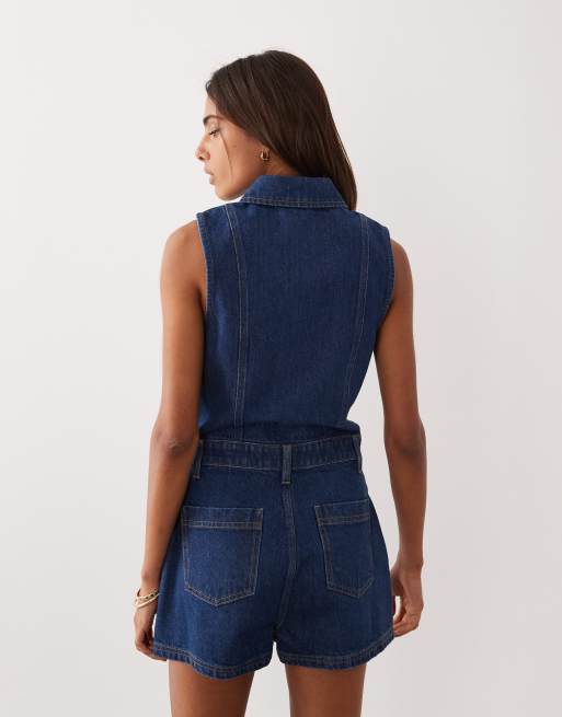 Miss Selfridge – Ärmelloser Jeans-Playsuit in indigoblauer Waschung mit Ziernaht, 4 von 4