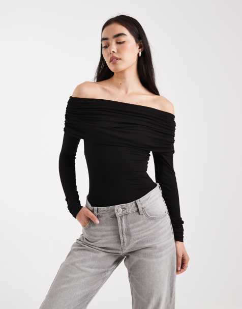 Miss Selfridge asym bardot bodysuit in black - view 1