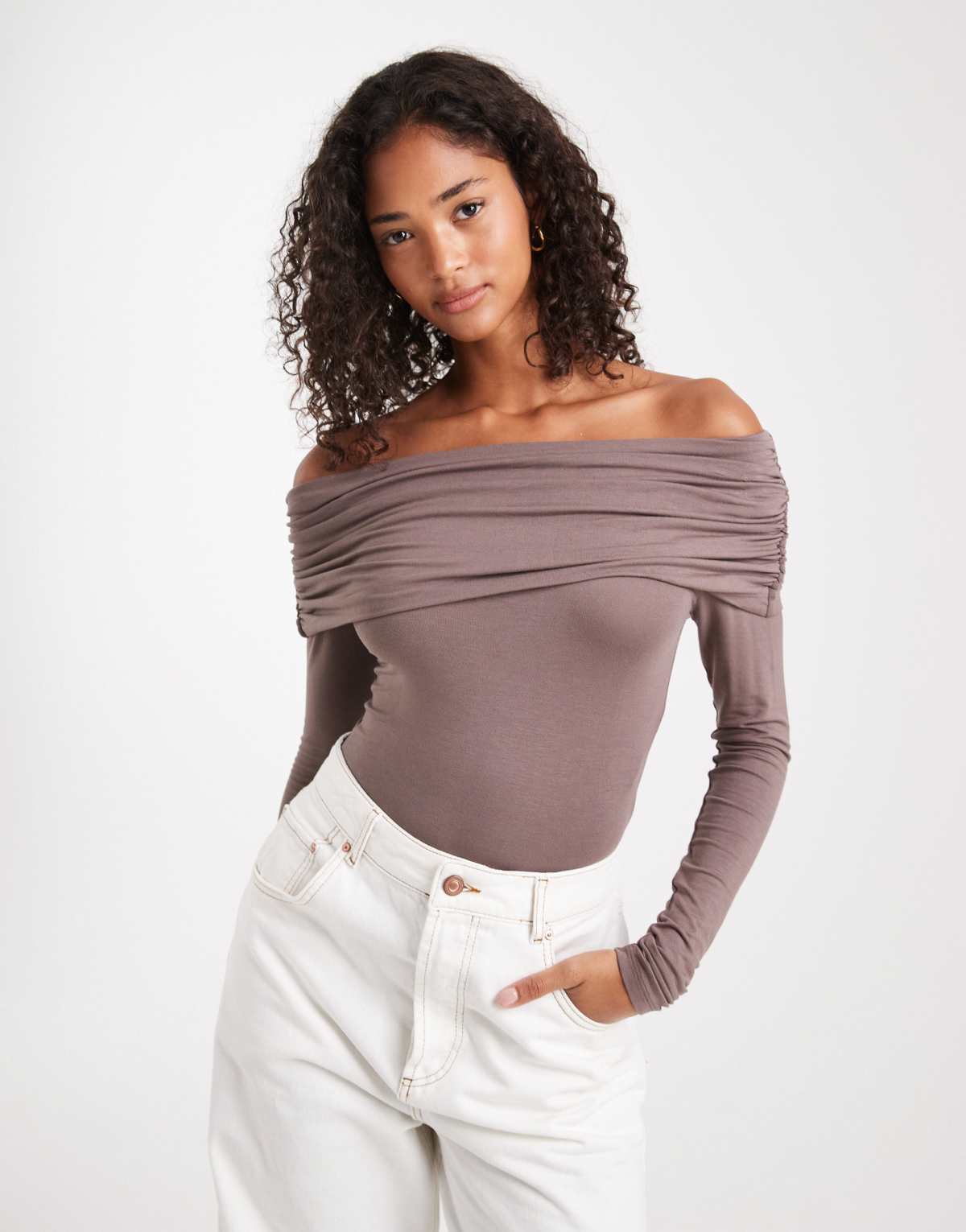 Miss Selfridge asym bardot bodysuit in mushroom