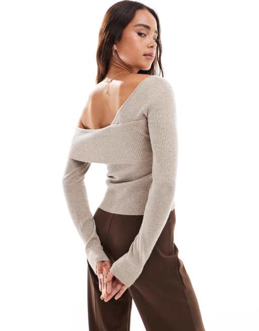 Miss Selfridge asym knit rib long sleeve top in oatmeal, 2 of 4