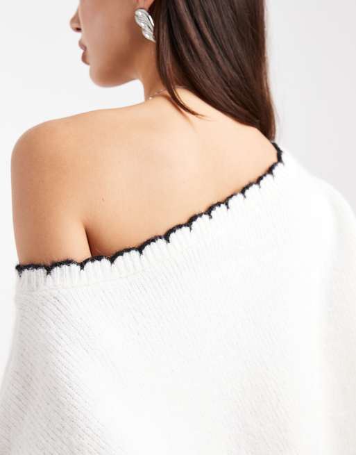 Miss Selfridge asym off the shoulder blanket stitch slouchy jumper in cream, 3 of 4