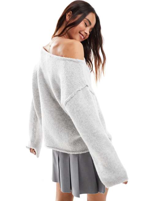 Miss Selfridge asym off the shoulder slouchy cozy knit sweater in gray heather