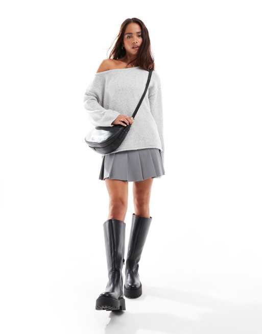 Miss Selfridge asym off the shoulder slouchy cozy knit sweater in gray heather
