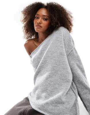 Miss Selfridge Asym Off The Shoulder Slouchy Cozy Knit Sweater In Gray