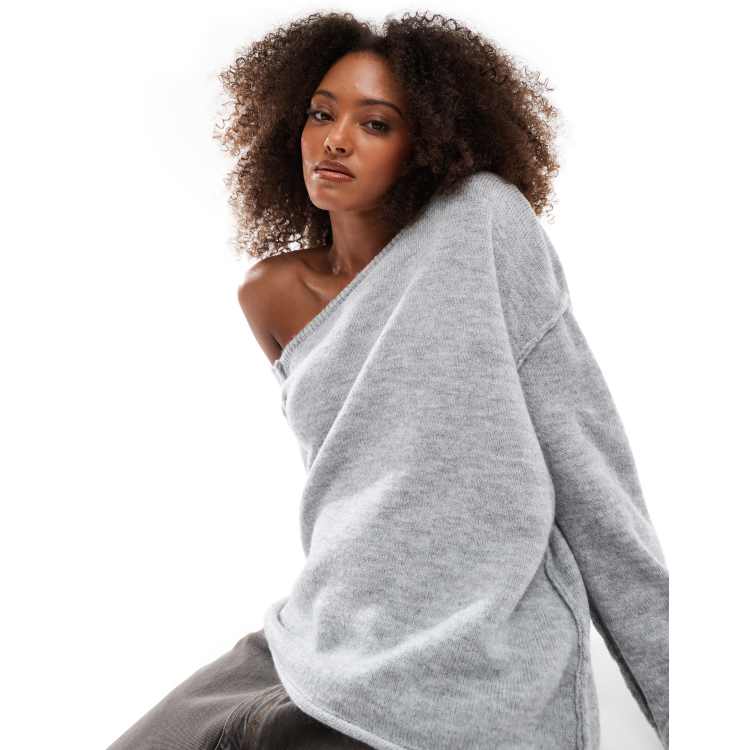 andwang Ribbon off shoulder knit set グレー andwang Ribbon off shoulder knit set グレー