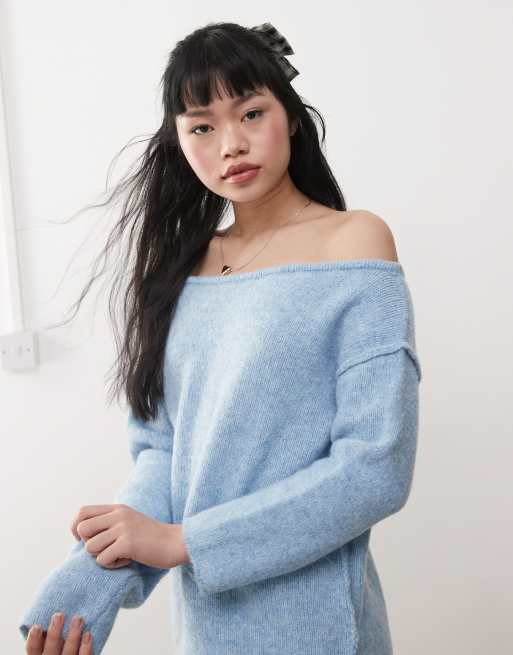 Miss Selfridge asym off the shoulder slouchy cozy knit sweater in pale blue