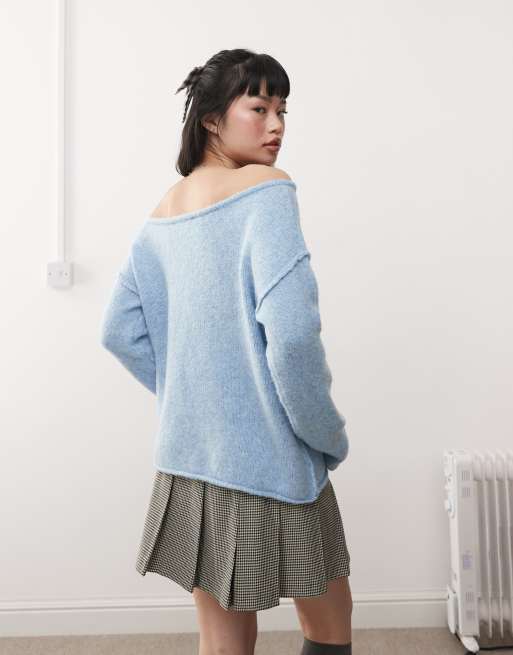 Miss Selfridge asym off the shoulder slouchy cozy knit sweater in pale blue