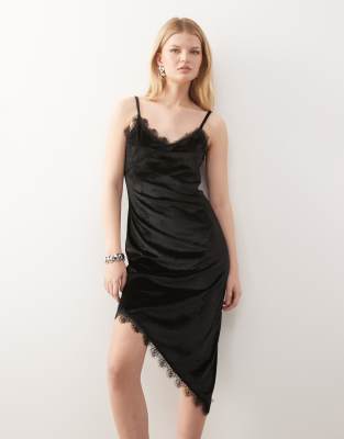 Miss Selfridge Miss Selfridge asym velvet cami mini dress with lace trims in black