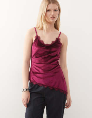Miss Selfridge Miss selfridge asym velvet cami top with lace trims in plum-Red