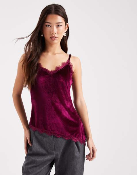 Miss selfridge asym velvet cami top with lace trims in plum - view 1