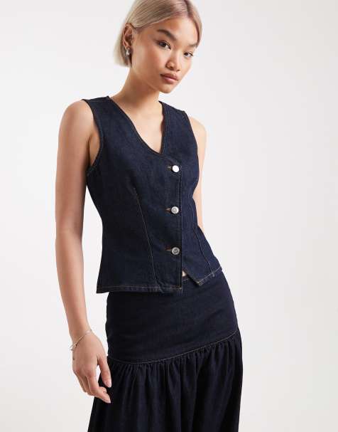 Miss Selfridge – Asymetryczna kamizelka jeansowa w kolorze indygo - view 1