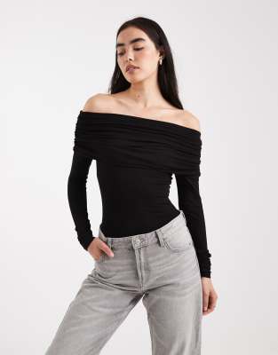 Miss Selfridge Asymmetric Bardot Bodysuit In Black