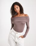 [Miss Selfridge] Miss Selfridge asymmetric bardot bodysuit in mushroom-Brown 12 Mushroom
