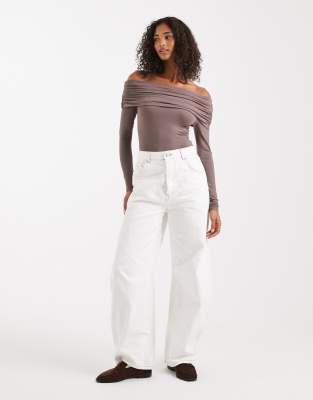Miss Selfridge Asymmetric Bardot Bodysuit In Brown