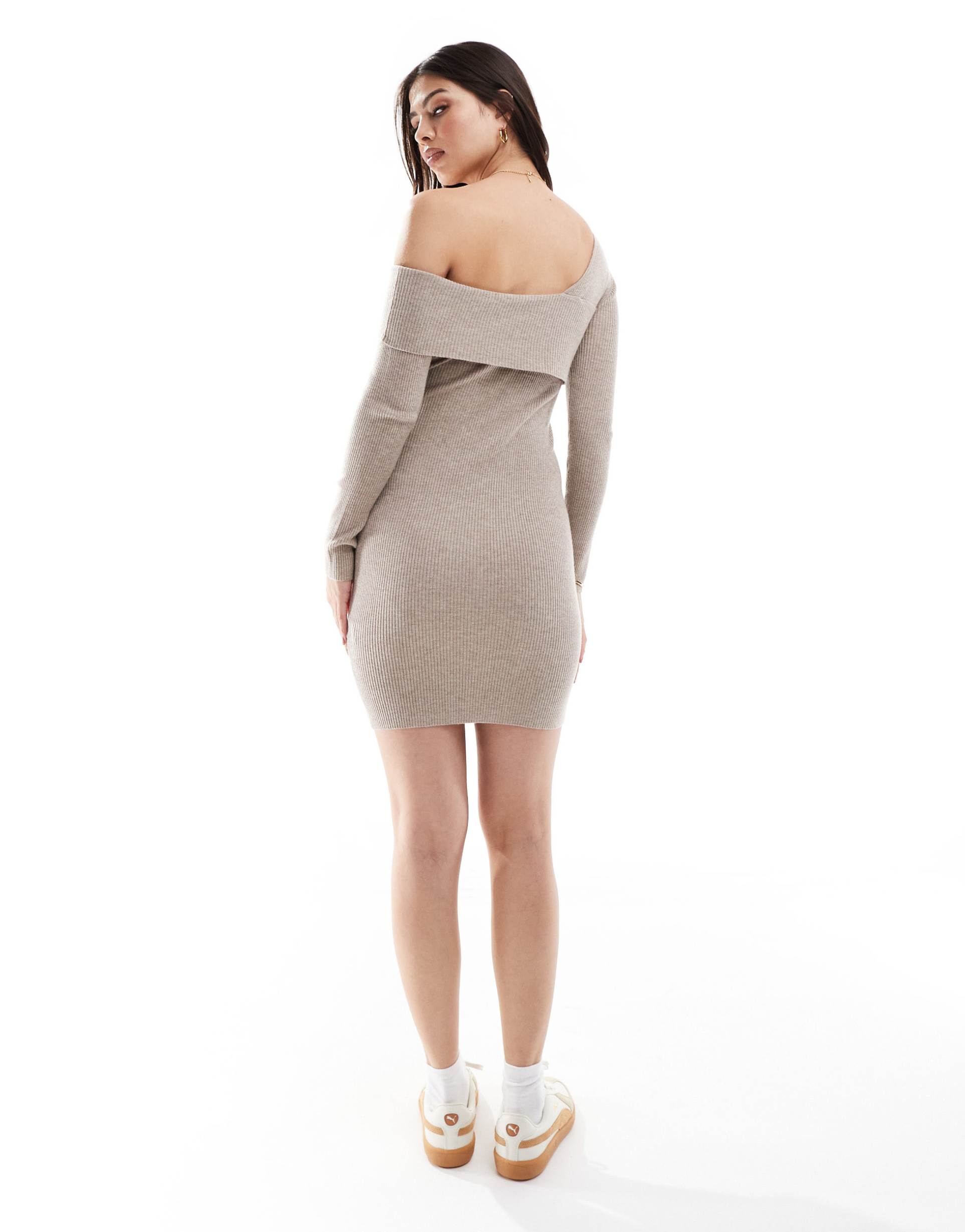 miss selfridge asymmetric cozy rib knit mini dress in oatmeal