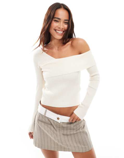 Miss Selfridge asymmetric knit rib long sleeve top in cream - view 1