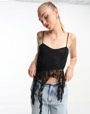 Miss Selfridge Asymmetric Lace Frill Cami In Black